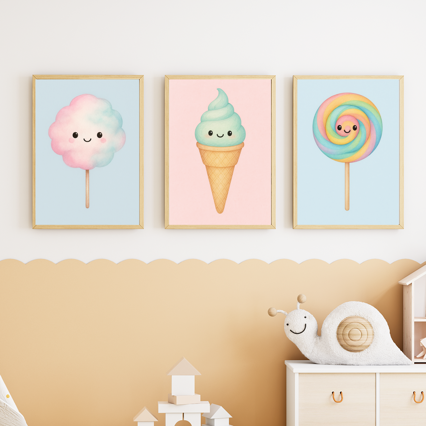 🍼 Süßes Poster-Set – Zuckerwatte, Eis & Lolli mit Gesicht – Perfekt fürs Kinderzimmer