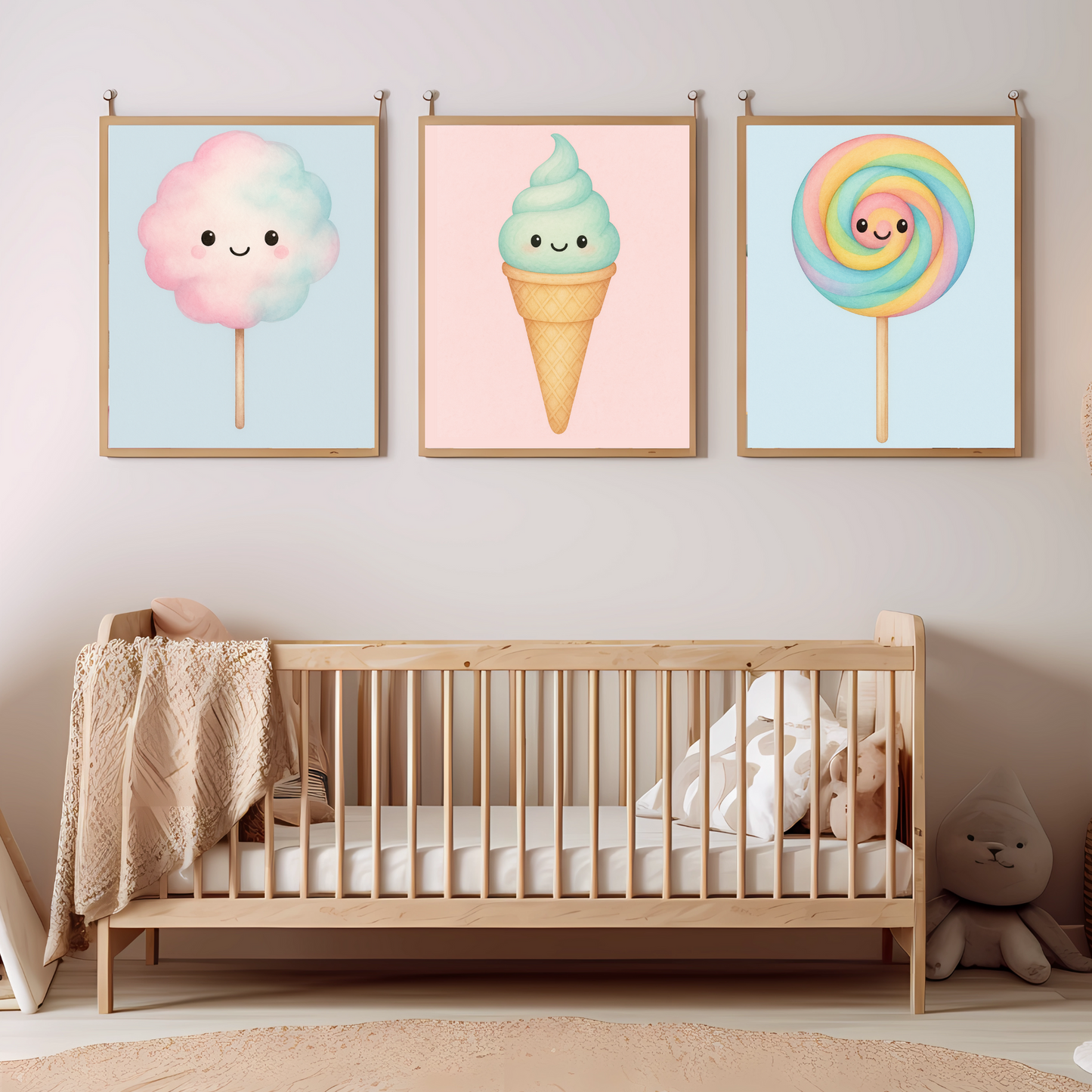 🍼 Süßes Poster-Set – Zuckerwatte, Eis & Lolli mit Gesicht – Perfekt fürs Kinderzimmer