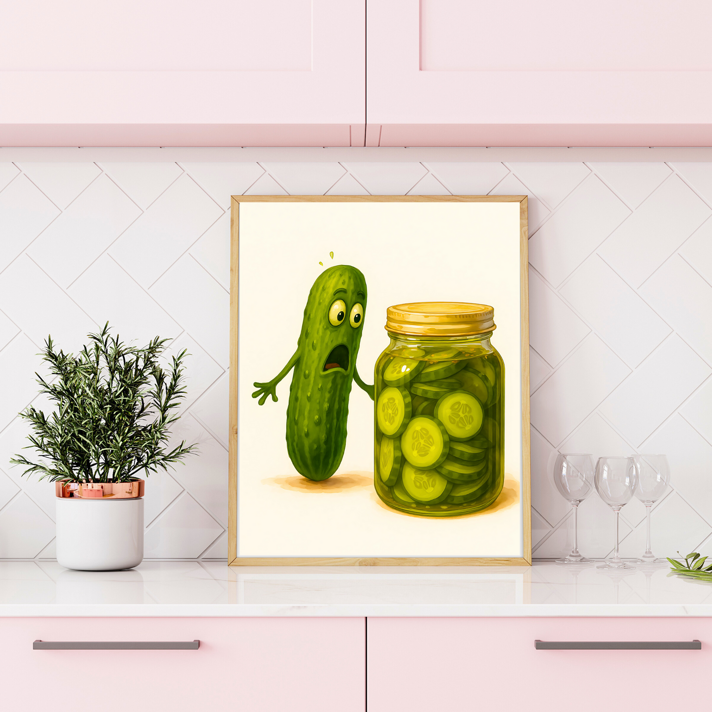 „Pickle Panic“ – Lustiges Gurken-Poster im Aquarell-Stil