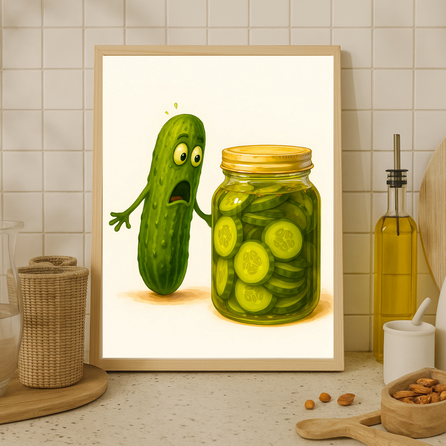 „Pickle Panic“ – Lustiges Gurken-Poster im Aquarell-Stil