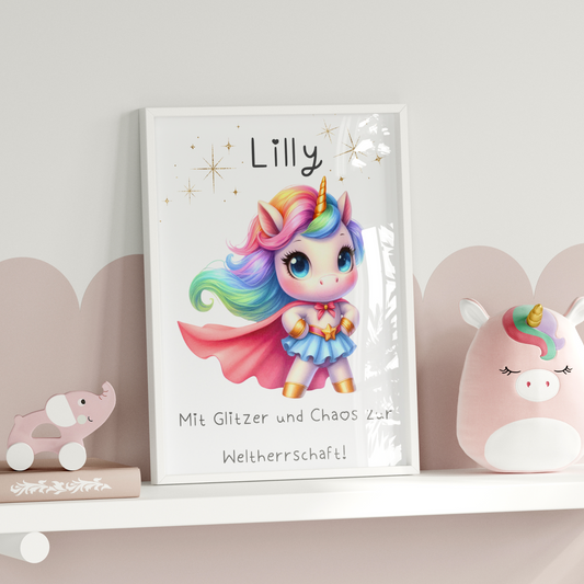 🦄 Personalisiertes Einhorn-Poster – „Mit Glitzer und Chaos zur Weltherrschaft!“