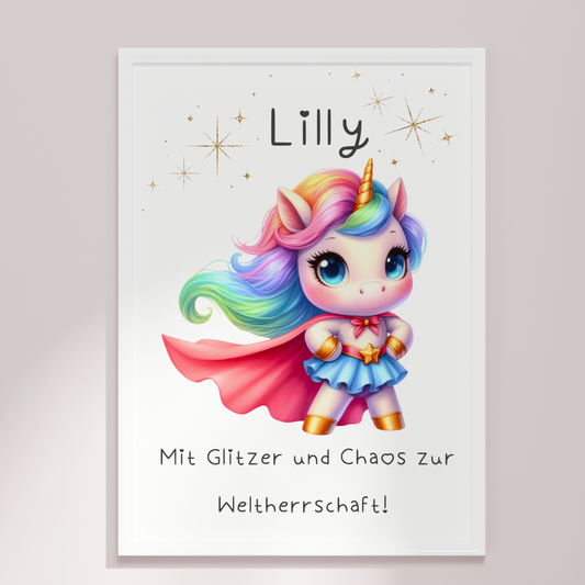 🦄 Personalisiertes Einhorn-Poster – „Mit Glitzer und Chaos zur Weltherrschaft!“