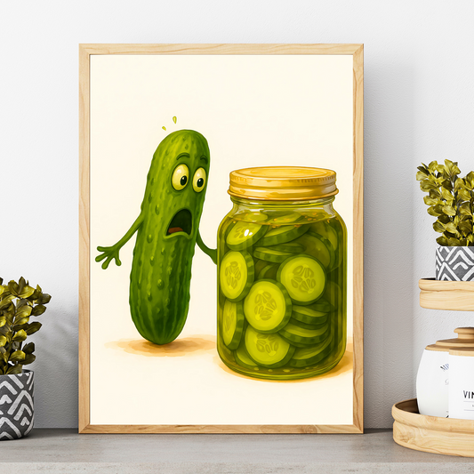 „Pickle Panic“ – Lustiges Gurken-Poster im Aquarell-Stil