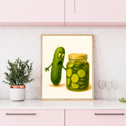 „Pickle Panic“ – Lustiges Gurken-Poster im Aquarell-Stil