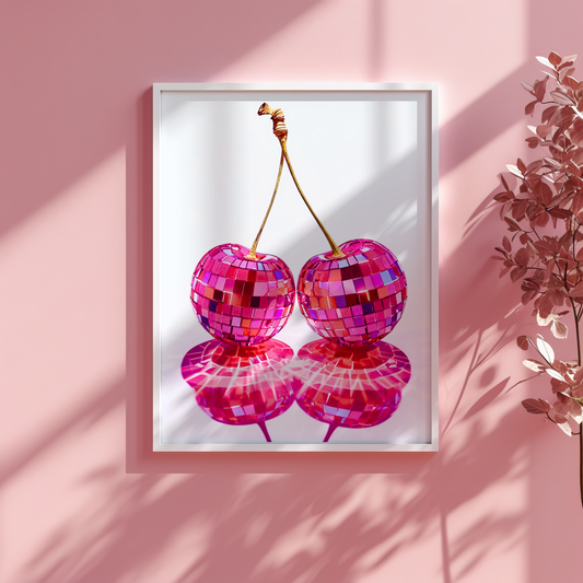 🍒 Pink Disco Kirschen – Funky Wandbild für moderne Deko-Liebhaber